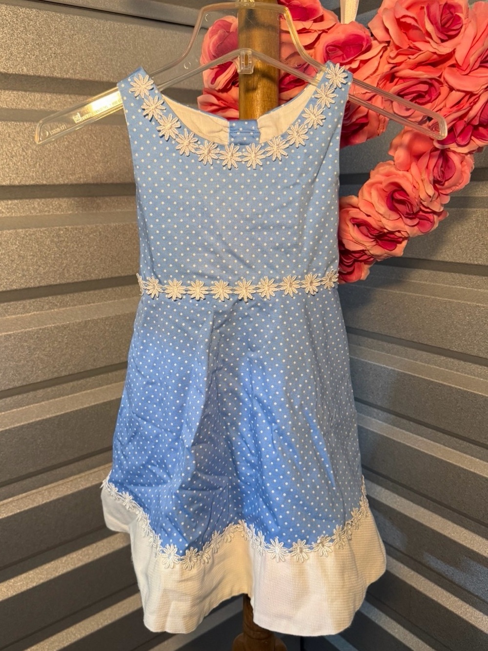 Rare Editions Blue Polka Dot Daisy Trim Dress